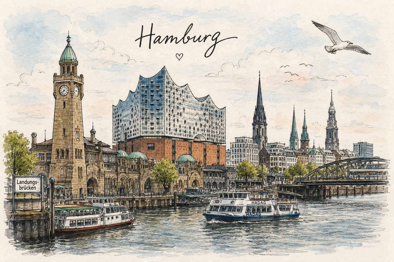 Hamburg mit Landungsbrücken, Elbphilharmonie und Michel
